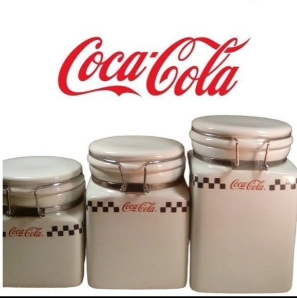 COCA-COLA Vintage Ceramic Canisters Trio Storage Jars Collectible Home Decor EUC - Picture 1 of 11